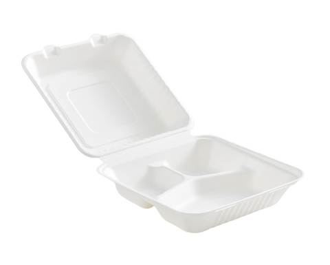 Bagasse 3-Compartment Clamshell 8 x 8 x 3